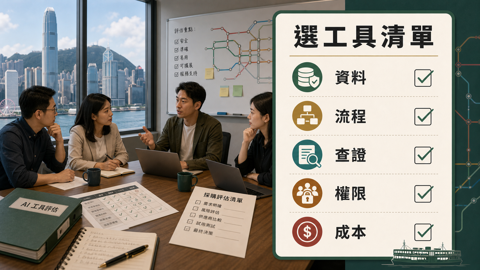 香港中小企會議室中的 AI 工具選擇清單,包含資料、流程、查證、權限和成本