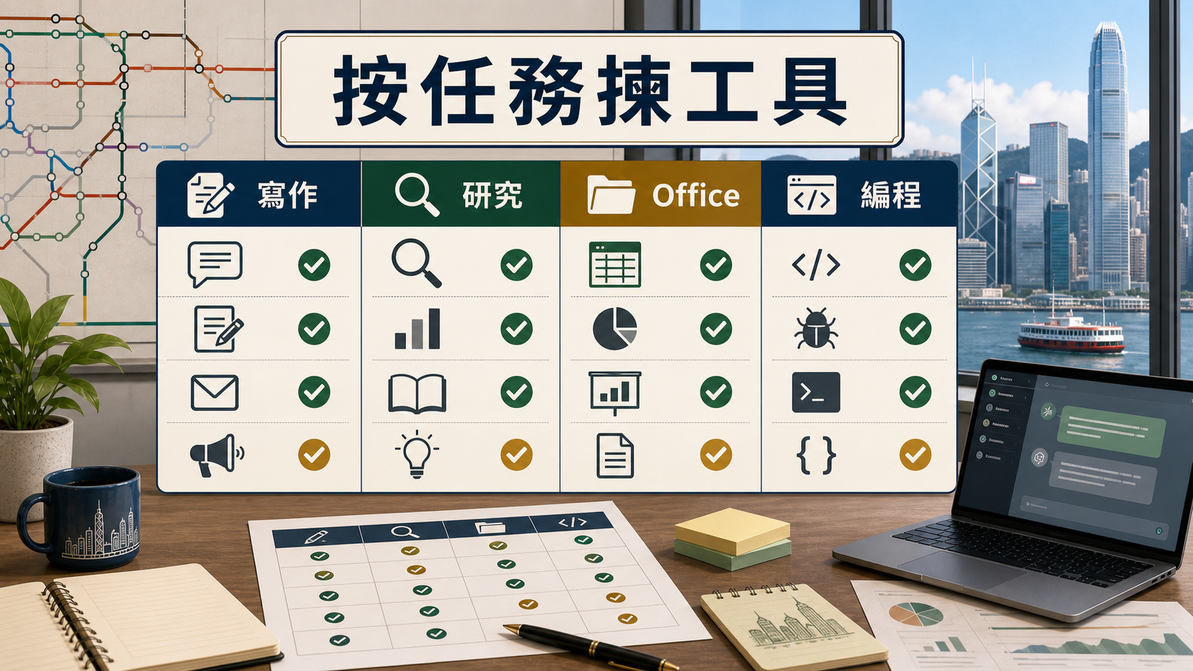 香港辦公室背景的 AI 工具任務比較矩陣,按寫作、研究、Office 和編程選工具