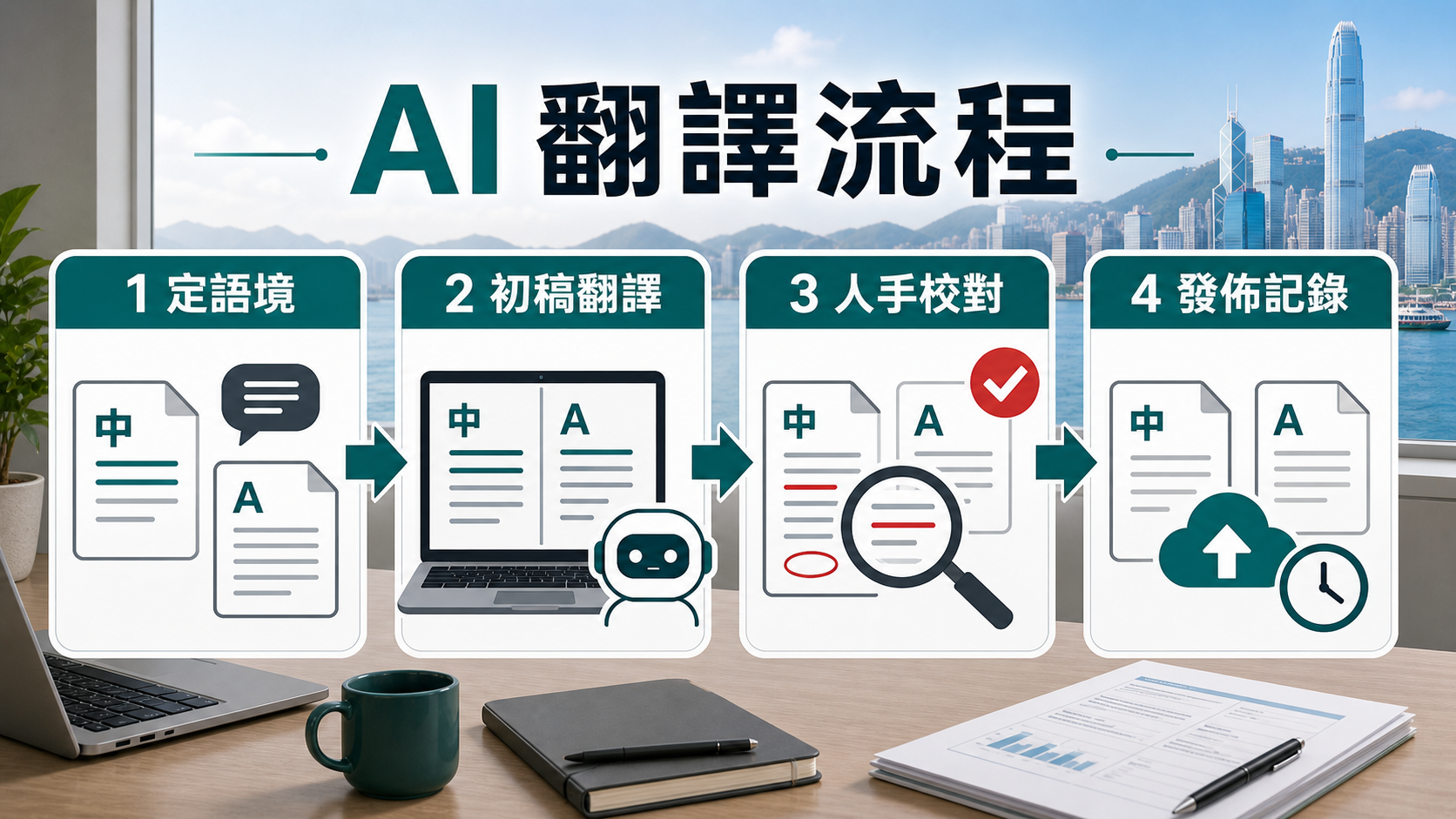 AI 翻譯流程:定語境、初稿翻譯、人手校對、發佈記錄