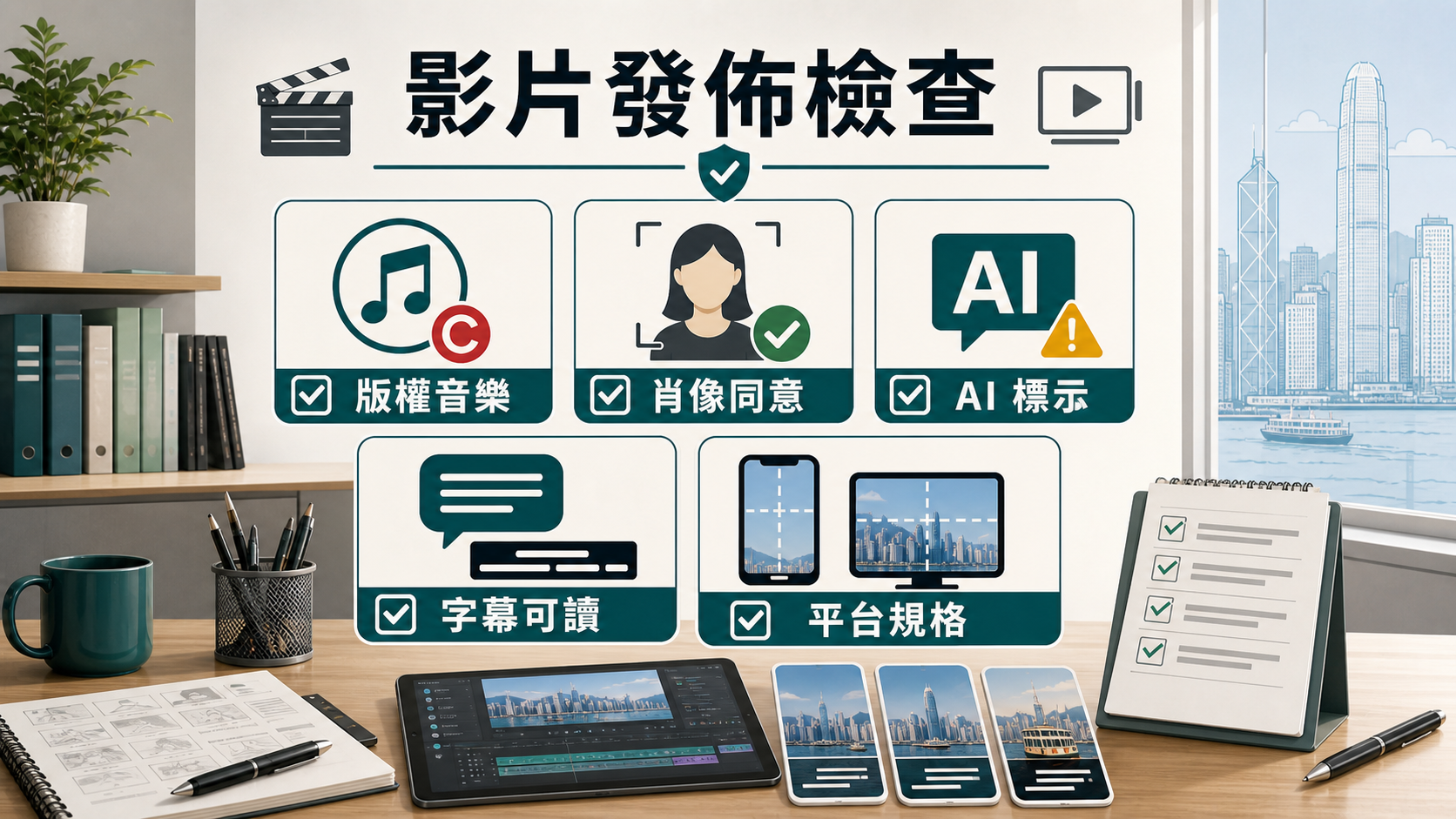 影片發佈檢查:版權音樂、肖像同意、AI 標示、字幕可讀、平台規格