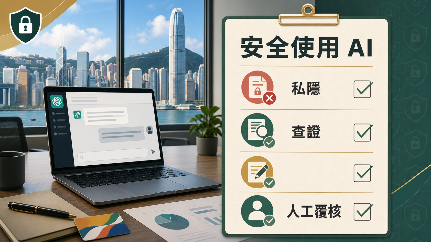 香港辦公室背景的安全使用 AI 檢查表,重點包括私隱、查證和人工覆核