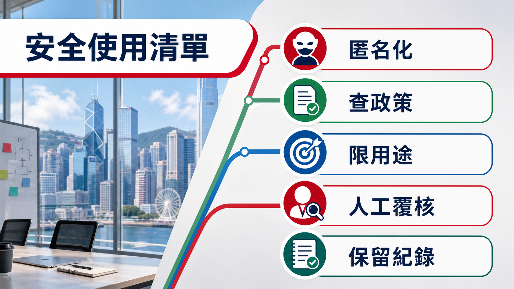 安全使用清單:匿名化、查政策、限用途、人工覆核、保留紀錄