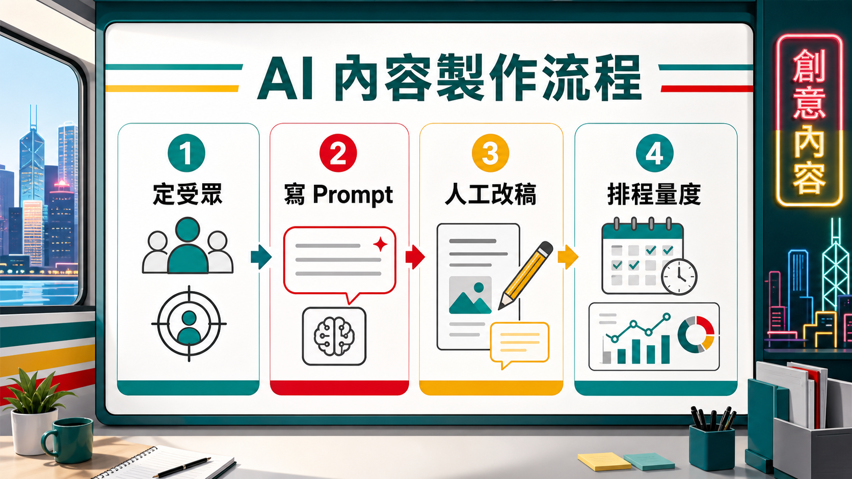 AI 內容製作流程:定受眾、寫 Prompt、人工改稿、排程量度
