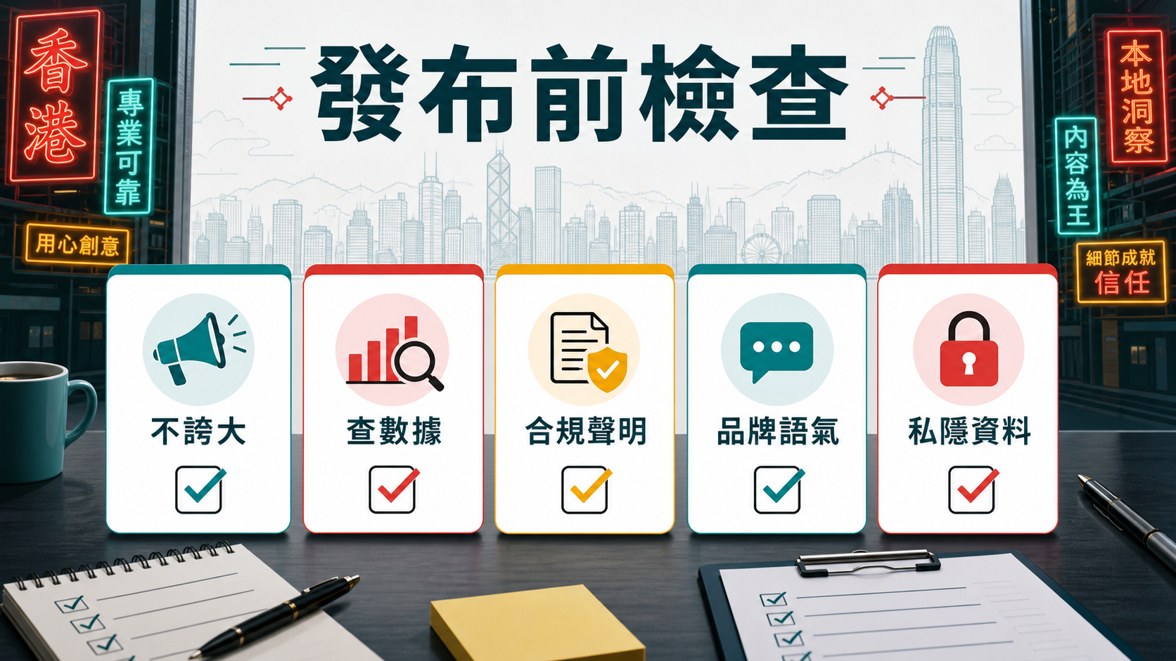 AI 文案發布前檢查:不誇大、查數據、合規聲明、品牌語氣、私隱資料