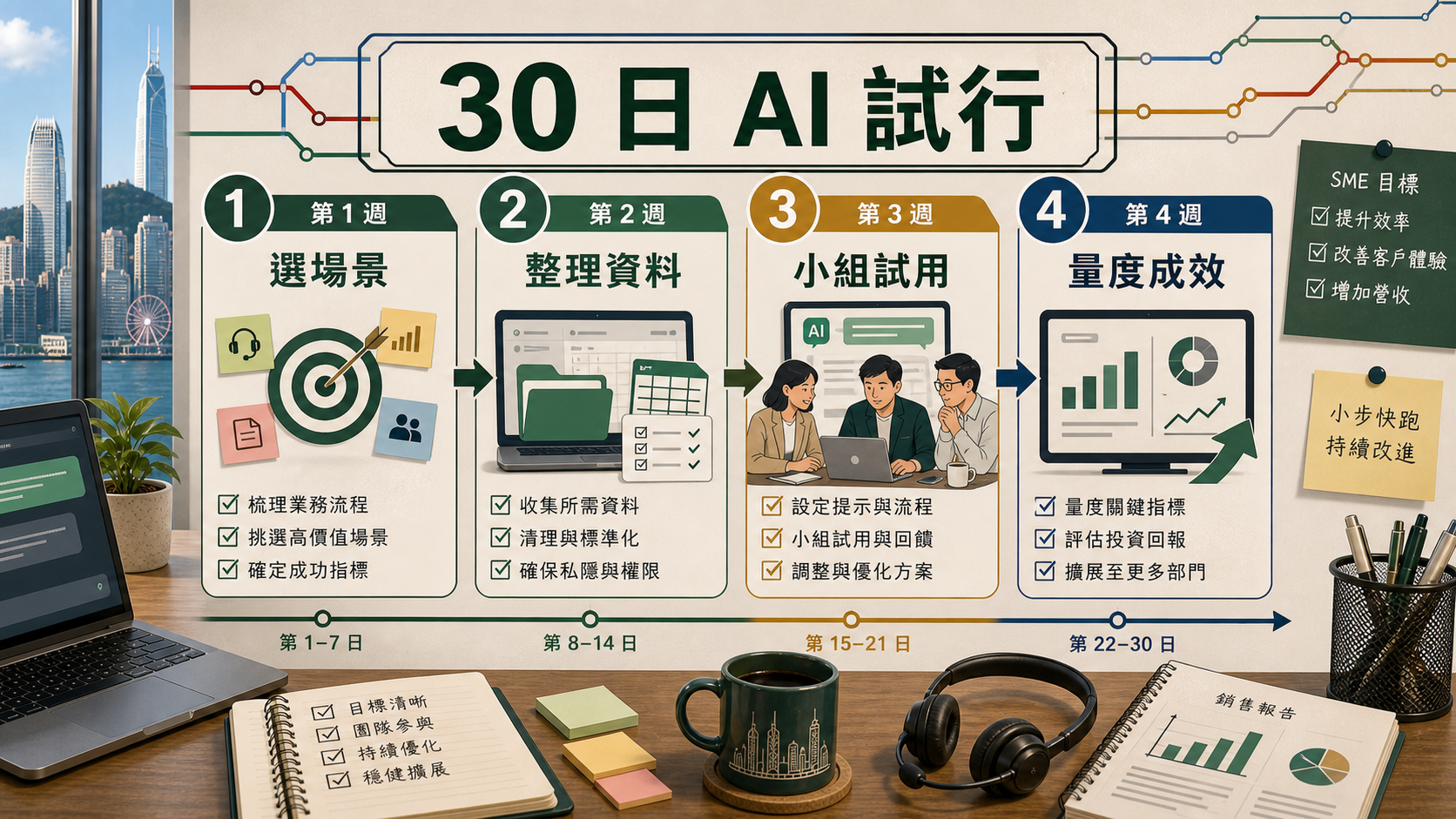 香港中小企 30 日 AI 試行計劃,分為選場景、整理資料、小組試用和量度成效